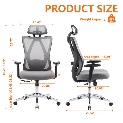 Ergonomic Office Chair with 2D Armrest Adjustable Lumbar Support & Headrest,135°Tilt Function