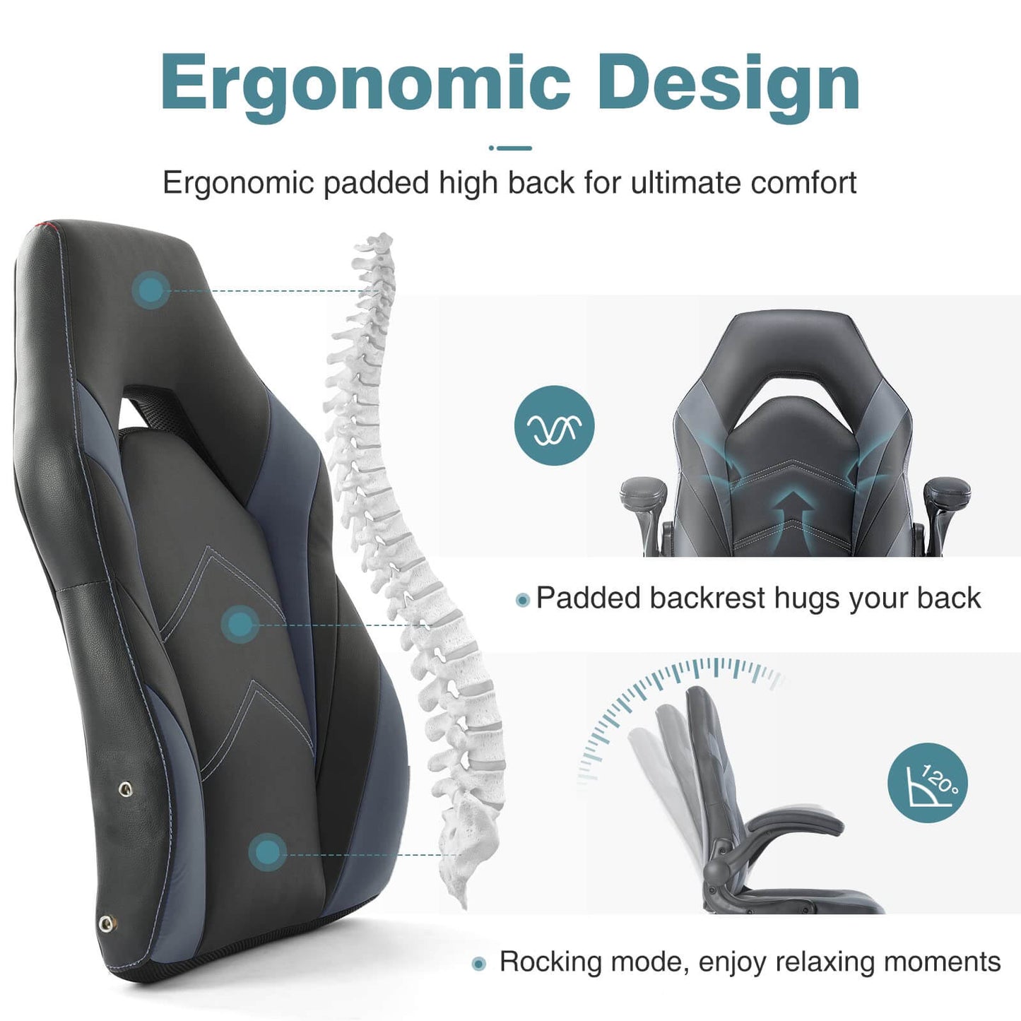 PU Leather Ergonomic Gaming Chair with Flip-up Armrests and Lumbar Support