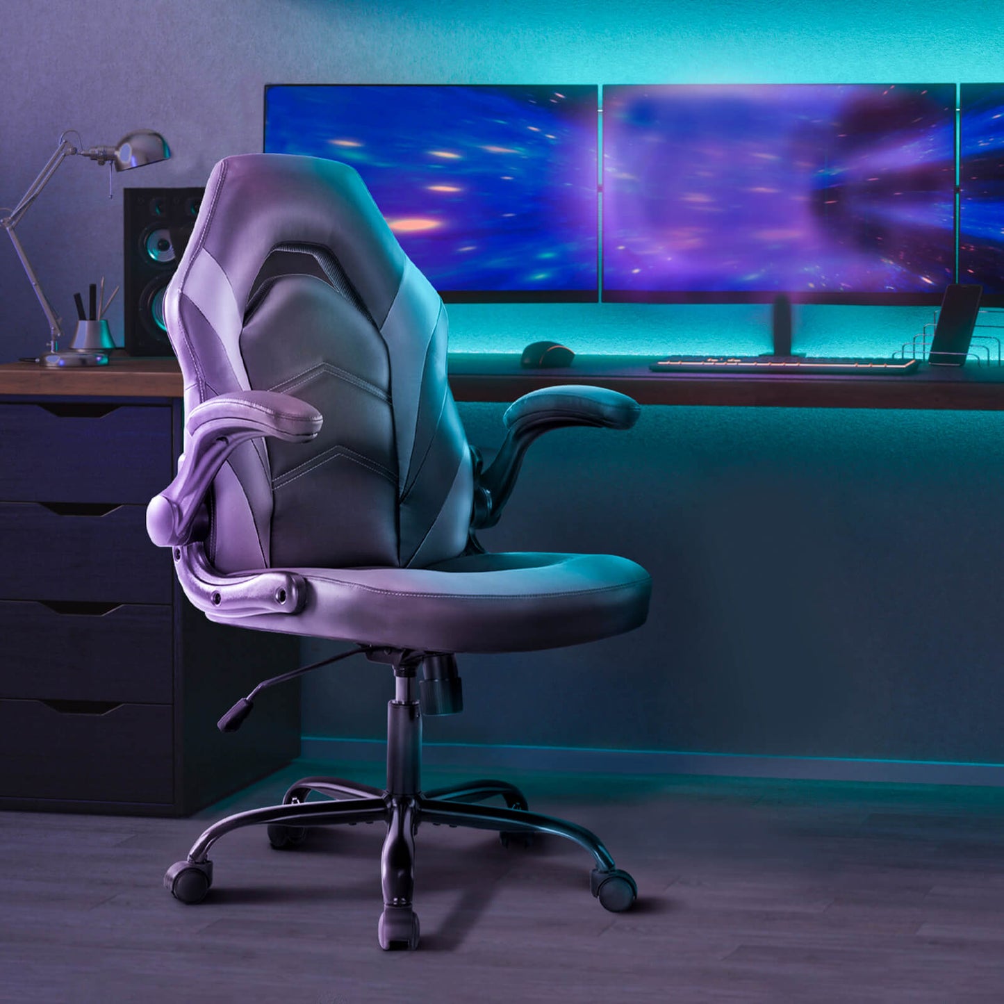 PU Leather Ergonomic Gaming Chair with Flip-up Armrests and Lumbar Support