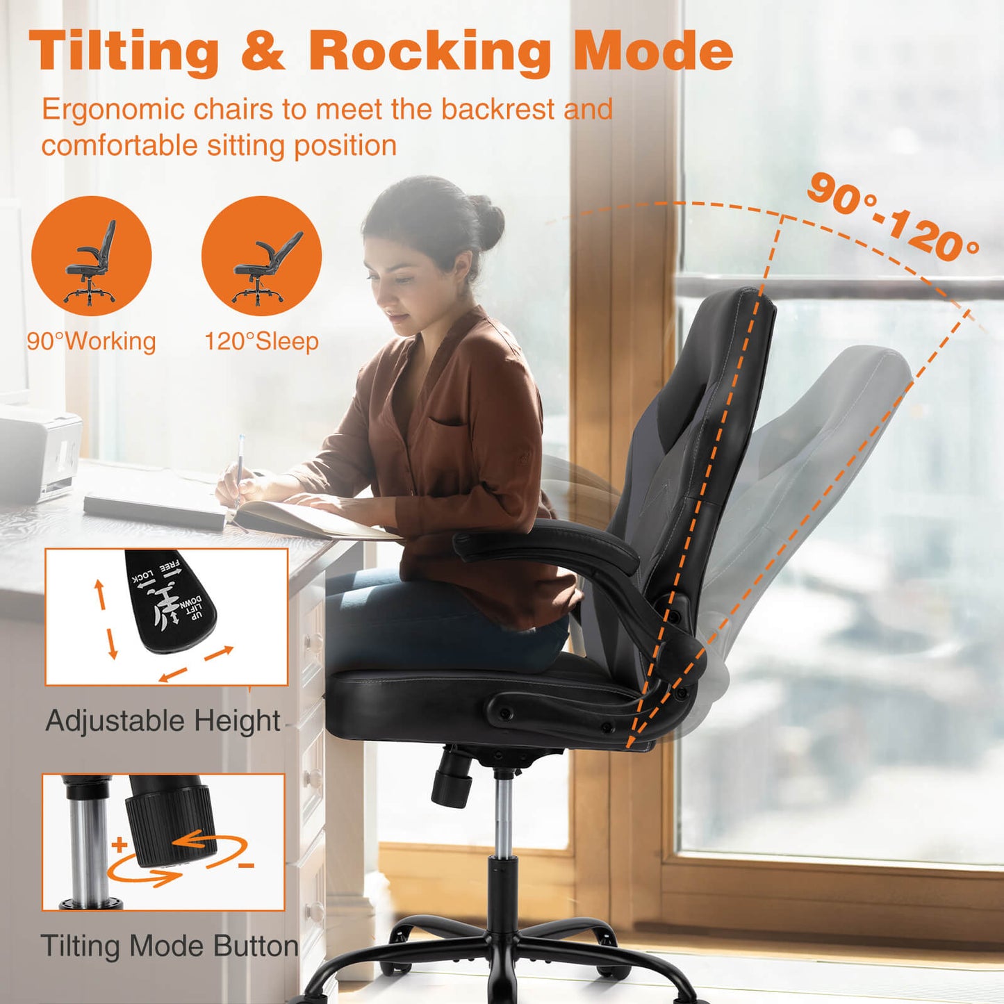 PU Leather Ergonomic Gaming Chair with Flip-up Armrests and Lumbar Support