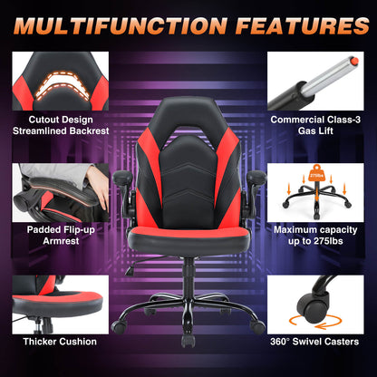 PU Leather Ergonomic Gaming Chair with Flip-up Armrests and Lumbar Support