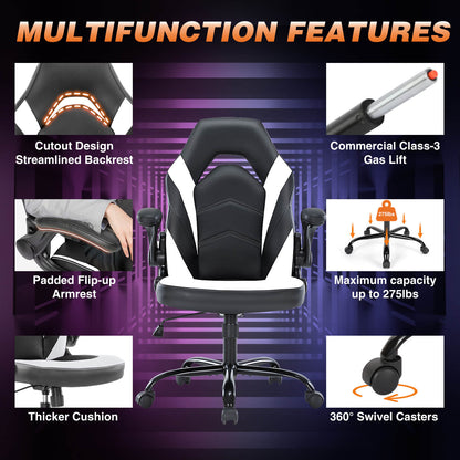 PU Leather Ergonomic Gaming Chair with Flip-up Armrests and Lumbar Support