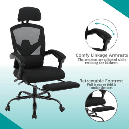 Retractable Footrest Ergonomic Swivel Office Chair with Lumbar Support Pillow and Padded Armrests