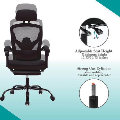 Retractable Footrest Ergonomic Swivel Office Chair with Lumbar Support Pillow and Padded Armrests