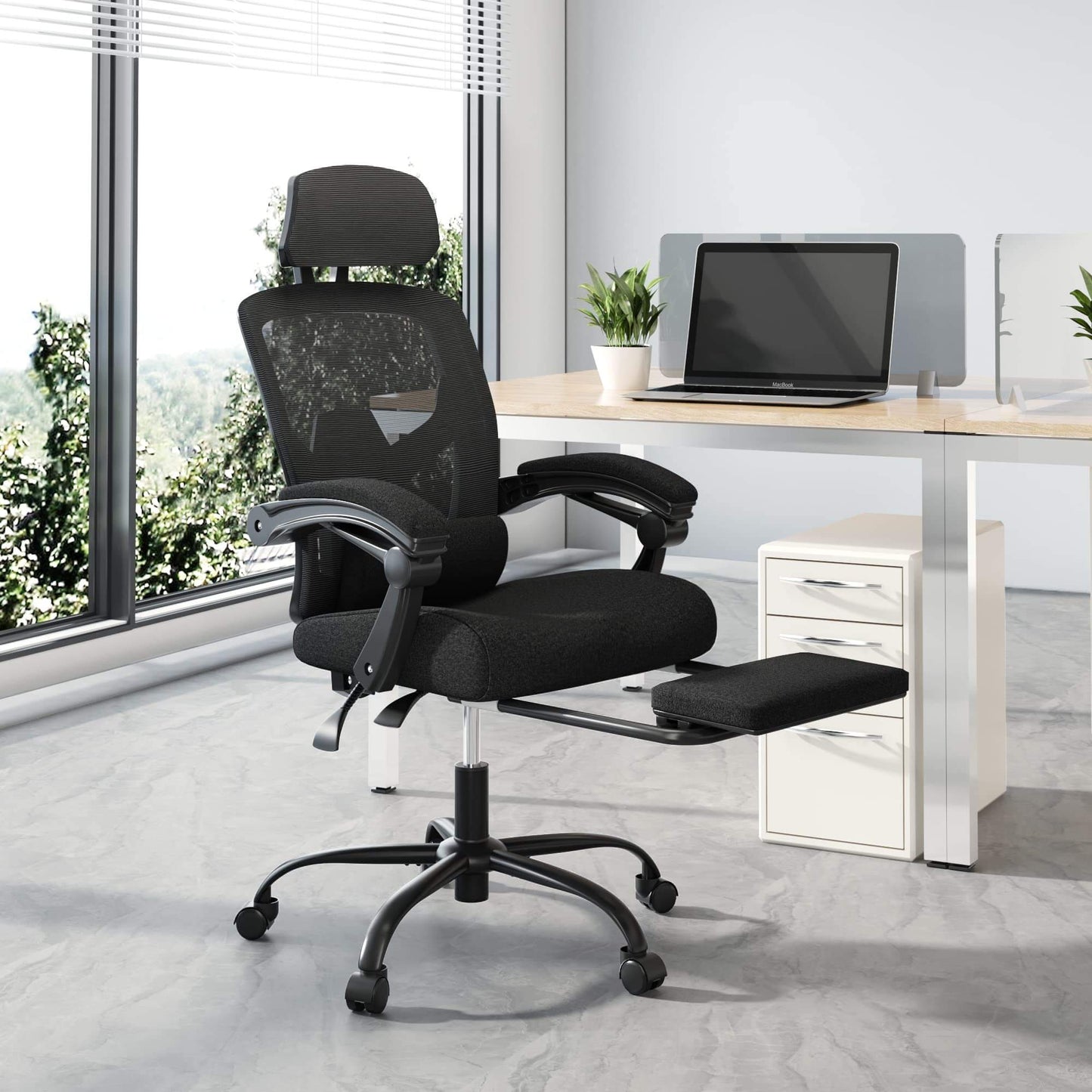 Retractable Footrest Ergonomic Swivel Office Chair with Lumbar Support Pillow and Padded Armrests