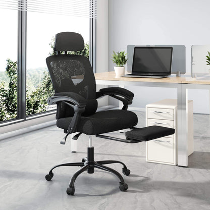Retractable Footrest Ergonomic Swivel Office Chair with Lumbar Support Pillow and Padded Armrests
