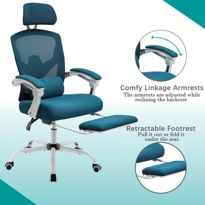 Retractable Footrest Ergonomic Swivel Office Chair with Lumbar Support Pillow and Padded Armrests