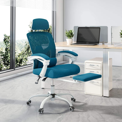 Retractable Footrest Ergonomic Swivel Office Chair with Lumbar Support Pillow and Padded Armrests