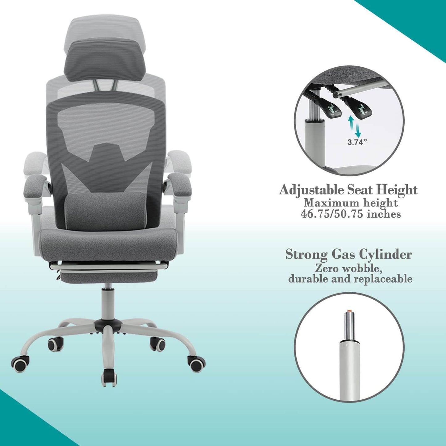 Retractable Footrest Ergonomic Swivel Office Chair with Lumbar Support Pillow and Padded Armrests