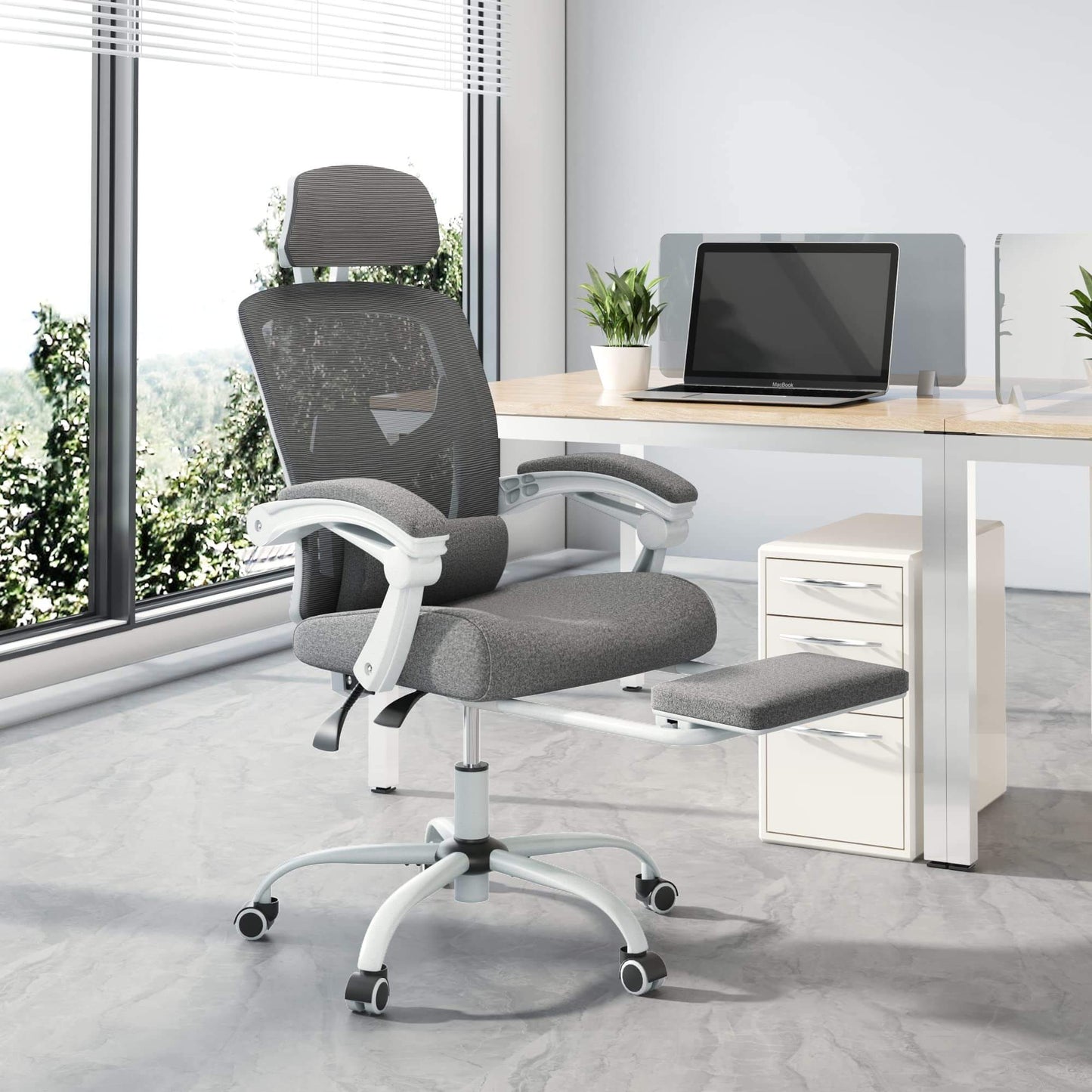Retractable Footrest Ergonomic Swivel Office Chair with Lumbar Support Pillow and Padded Armrests