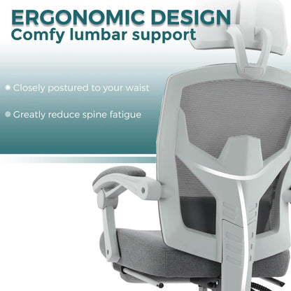 Retractable Footrest Ergonomic Swivel Office Chair with Lumbar Support Pillow and Padded Armrests