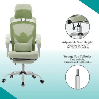 Retractable Footrest Ergonomic Swivel Office Chair with Lumbar Support Pillow and Padded Armrests