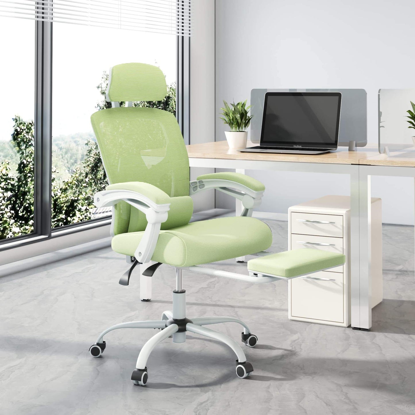 Retractable Footrest Ergonomic Swivel Office Chair with Lumbar Support Pillow and Padded Armrests